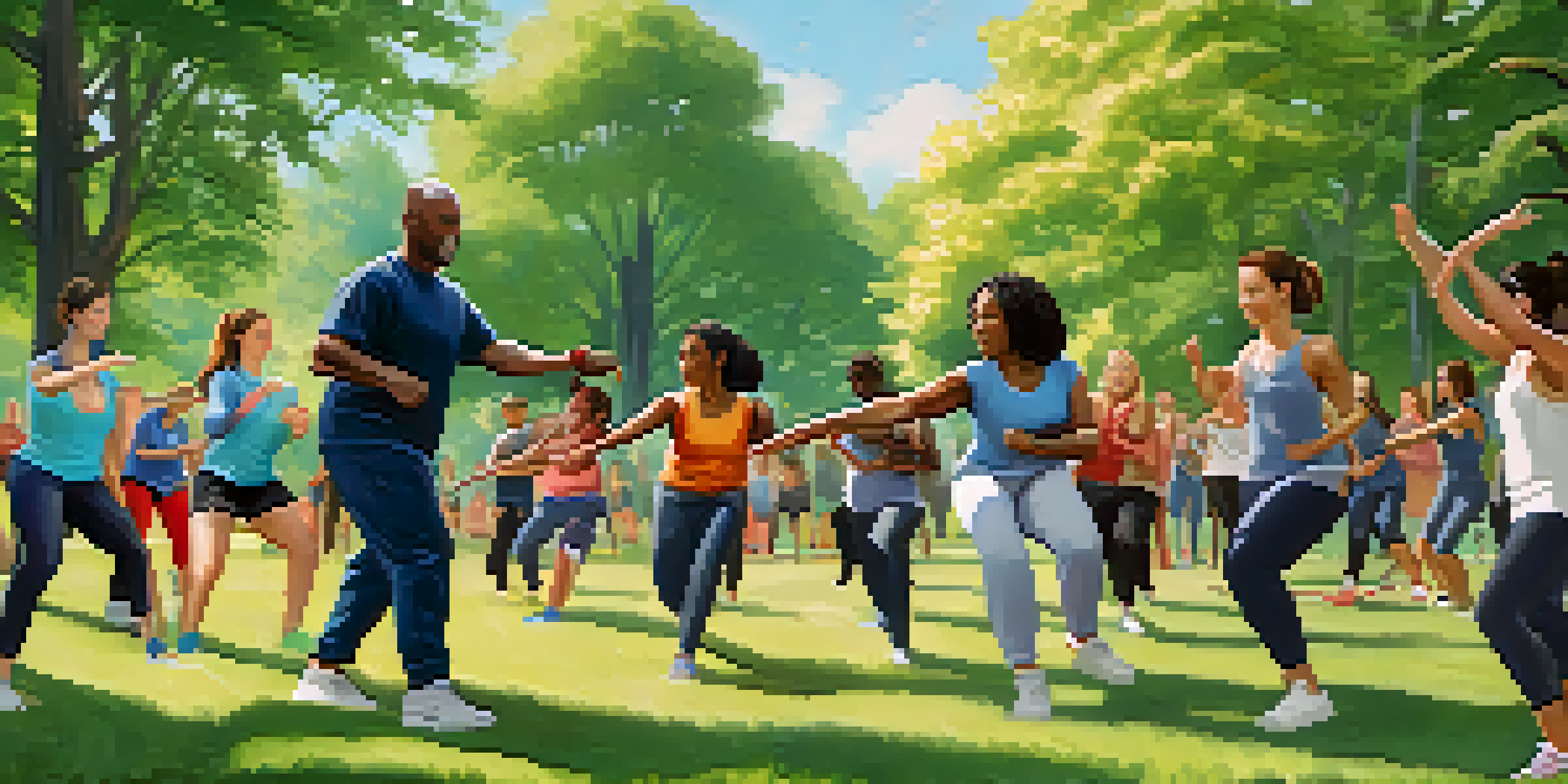 A diverse group of people practicing self-defense techniques in a sunny park, showing community engagement and support.