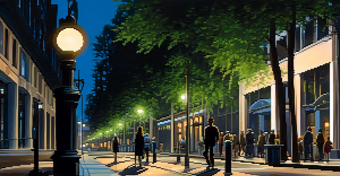 A person walking confidently on a well-lit urban street at night, surrounded by trees and faint silhouettes of buildings.