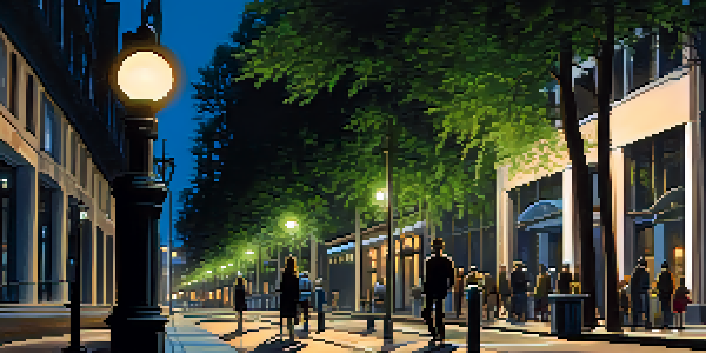 A person walking confidently on a well-lit urban street at night, surrounded by trees and faint silhouettes of buildings.