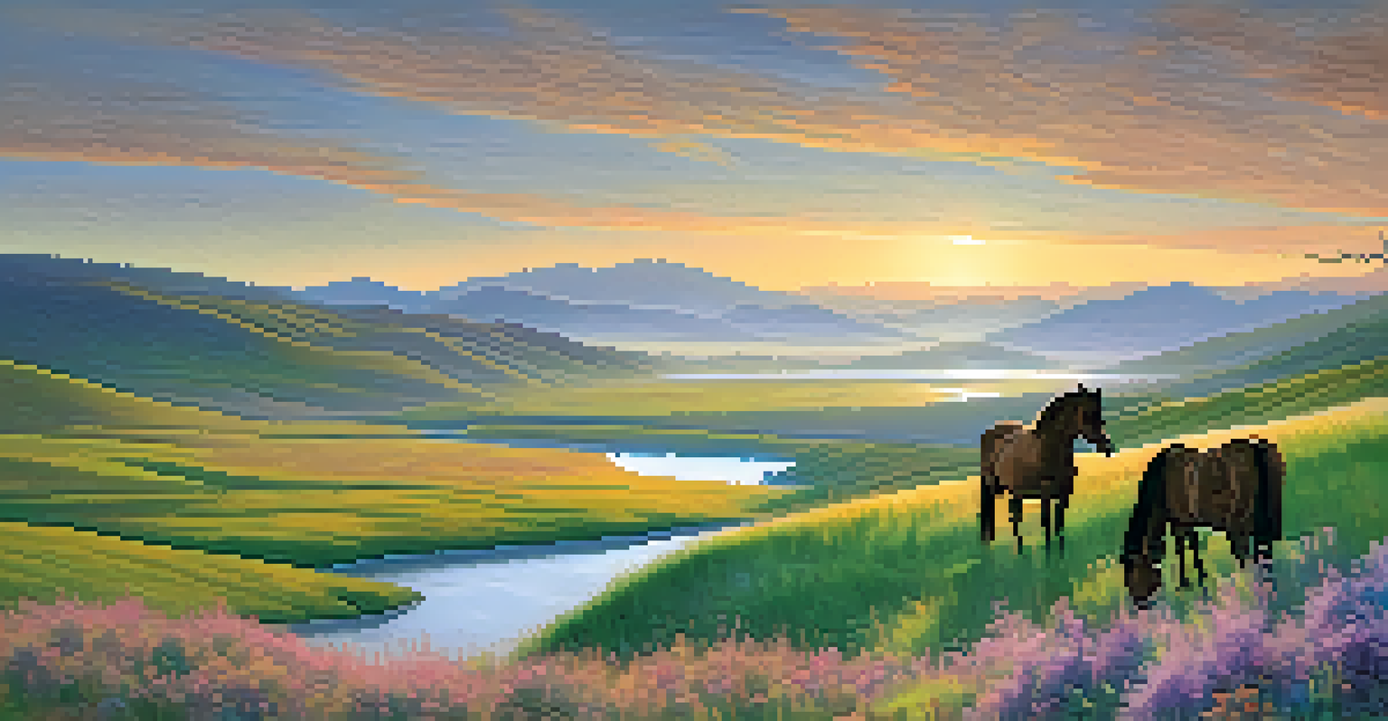 A peaceful Mongolian landscape at dawn, with rolling hills, wildflowers, and a grazing horse near a misty river.