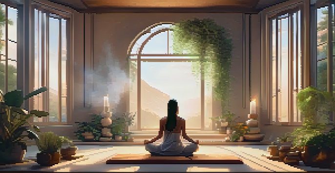 A person meditating in a cozy space filled with cushions, candles, and plants, creating a tranquil atmosphere.