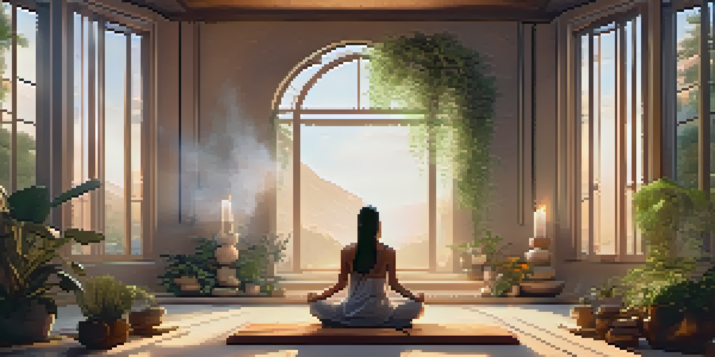 A person meditating in a cozy space filled with cushions, candles, and plants, creating a tranquil atmosphere.