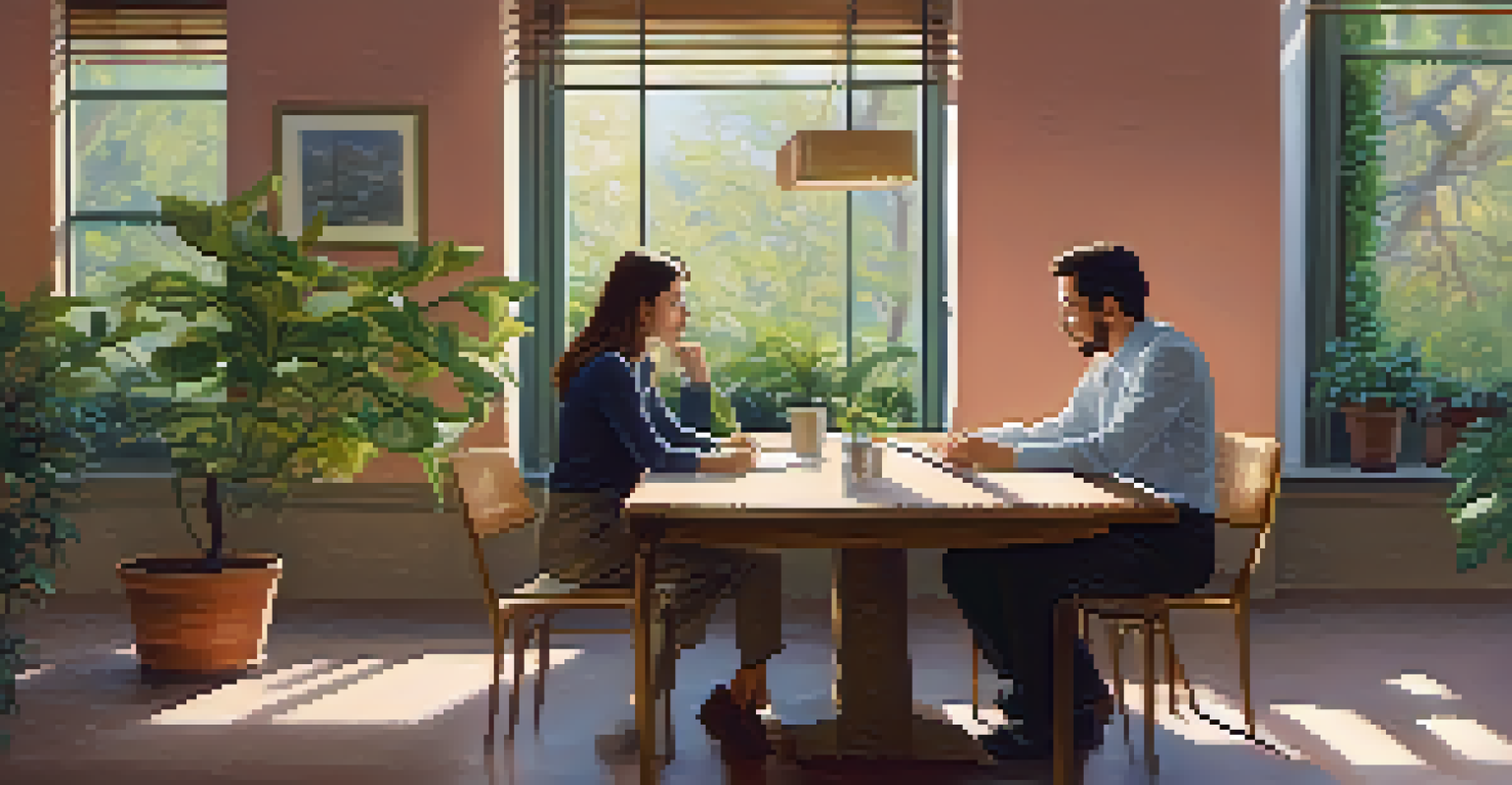 Two colleagues at a table, one listening attentively while the other speaks, in a warmly lit indoor setting.