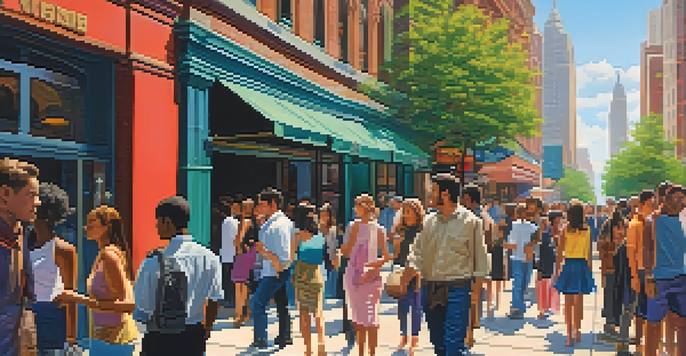 A diverse group of people in a busy urban area, attentively looking for exits, surrounded by buildings and pedestrians.
