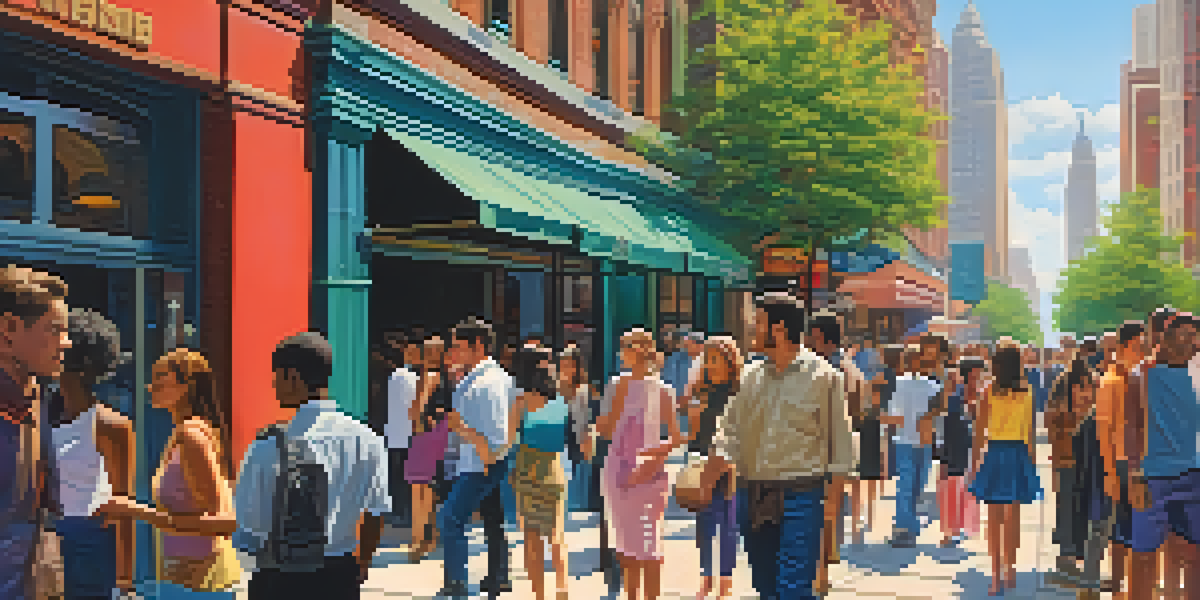 A diverse group of people in a busy urban area, attentively looking for exits, surrounded by buildings and pedestrians.