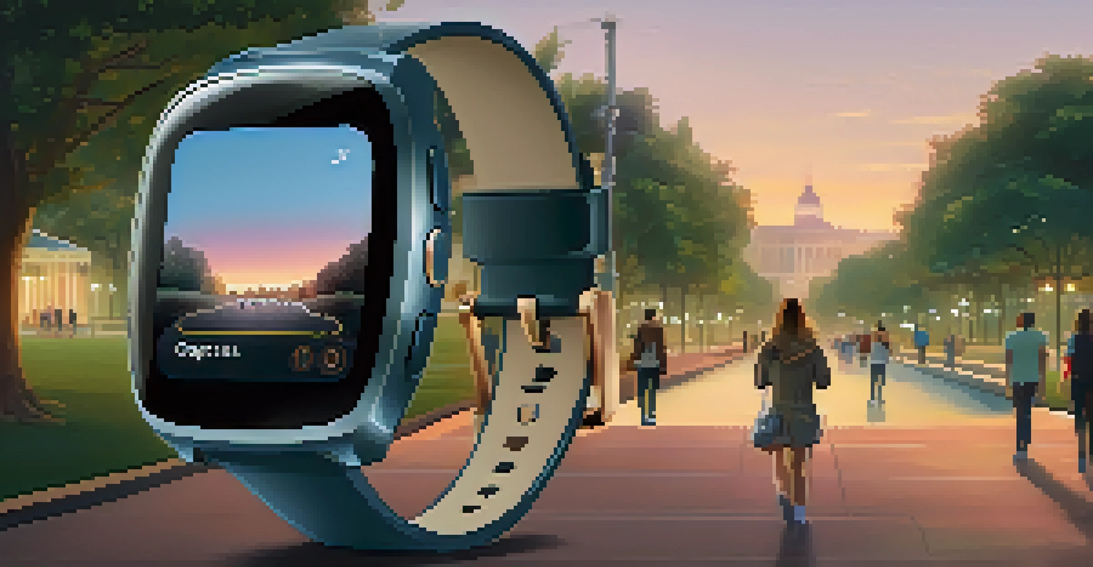 A smartwatch showing a personal safety app alert notification, set against a tranquil park background at dusk.