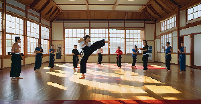 A diverse group of people training in a dojo, with a woman confidently demonstrating a kick under sunlight.