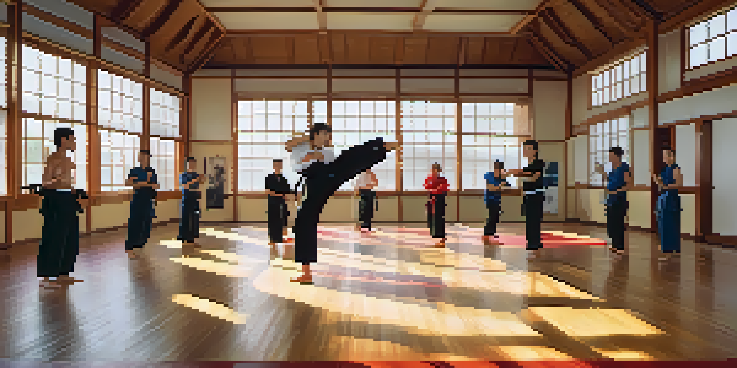 A diverse group of people training in a dojo, with a woman confidently demonstrating a kick under sunlight.