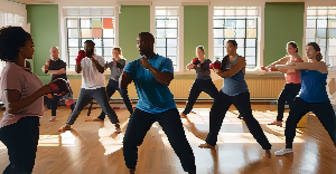 A diverse group of people practicing self-defense techniques in a brightly lit training room, with motivational posters on the walls.