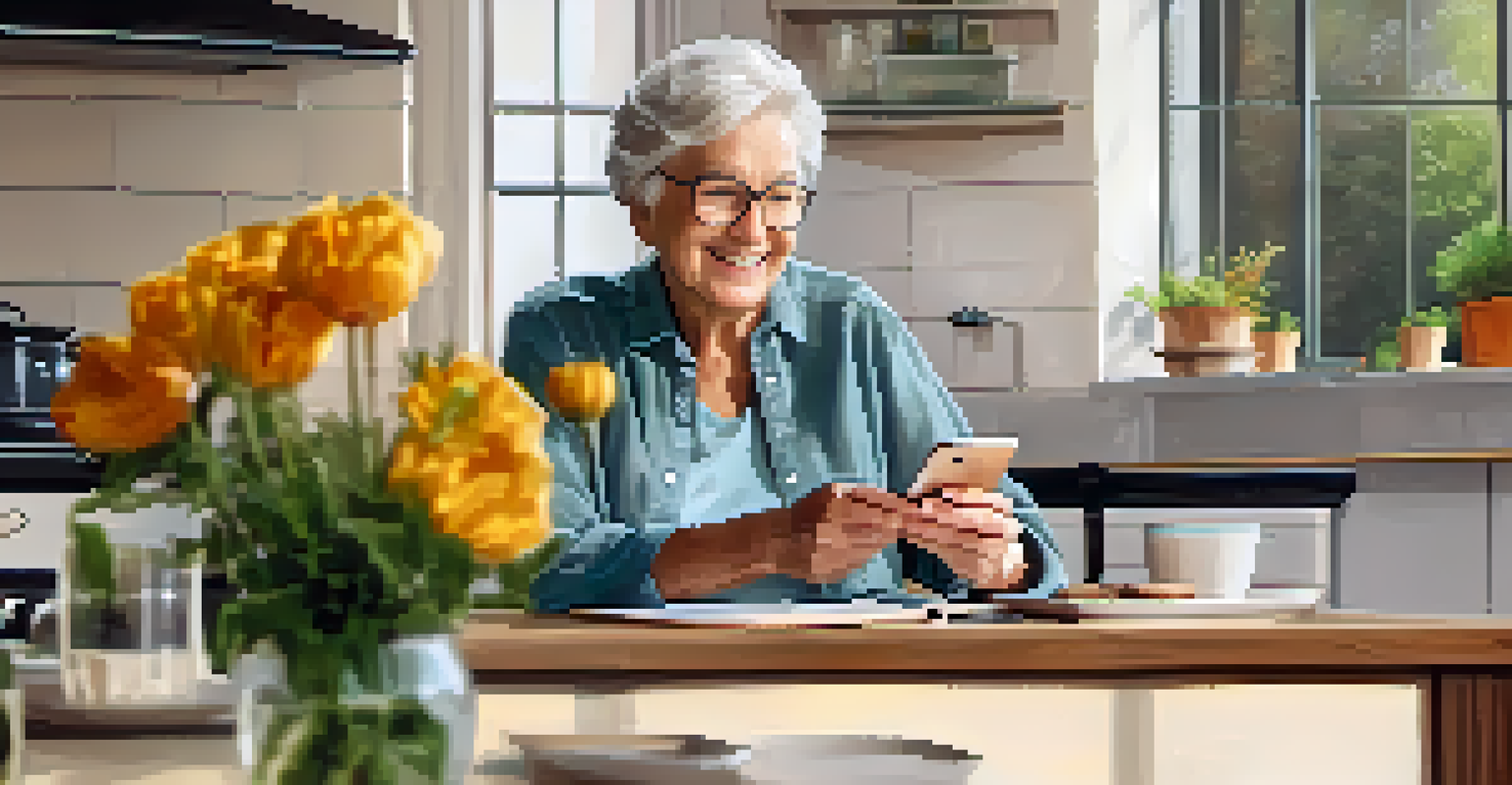 An elderly person happily video calling a family member from a bright and organized kitchen, showcasing connection and joy.