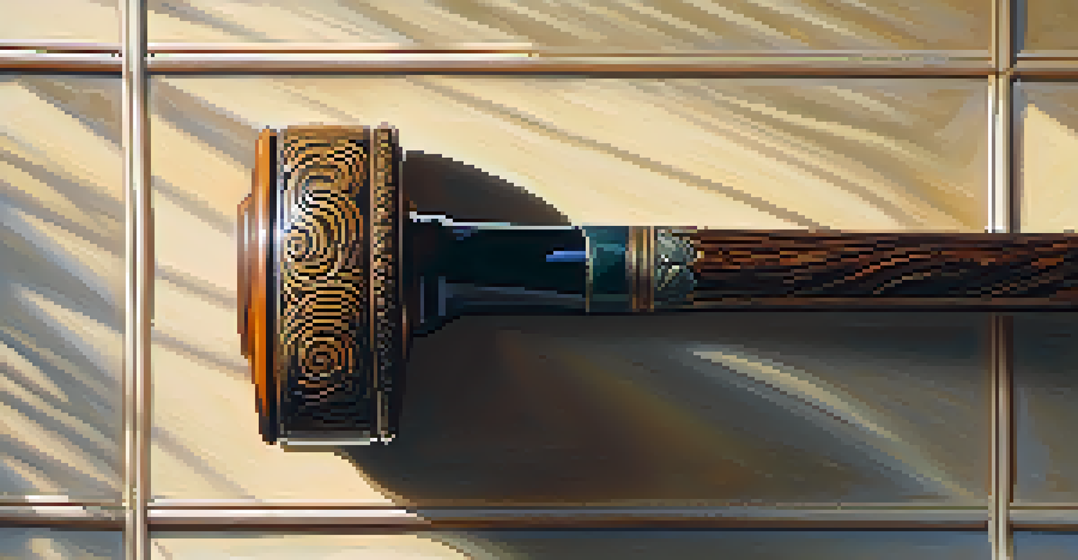 A detailed close-up of a cane resting against a wall, illuminated by soft natural light.