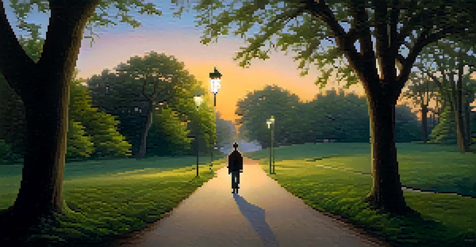 A person walking confidently along a tree-lined path at dusk, illuminated by warm street lamps, conveying a sense of safety.