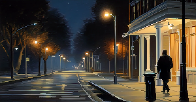 A person walking alone at night on a quiet street, holding a personal alarm, surrounded by trees and streetlights.