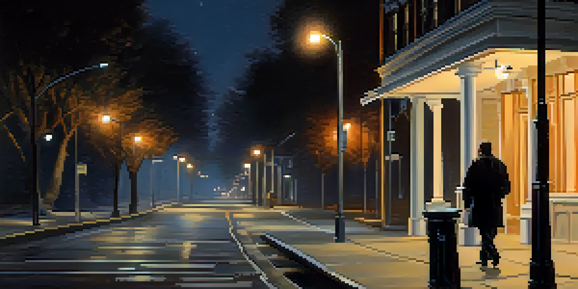 A person walking alone at night on a quiet street, holding a personal alarm, surrounded by trees and streetlights.