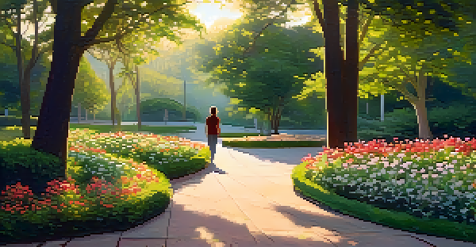 A person walking in a park during sunset, surrounded by trees and flowers, with a confident demeanor.