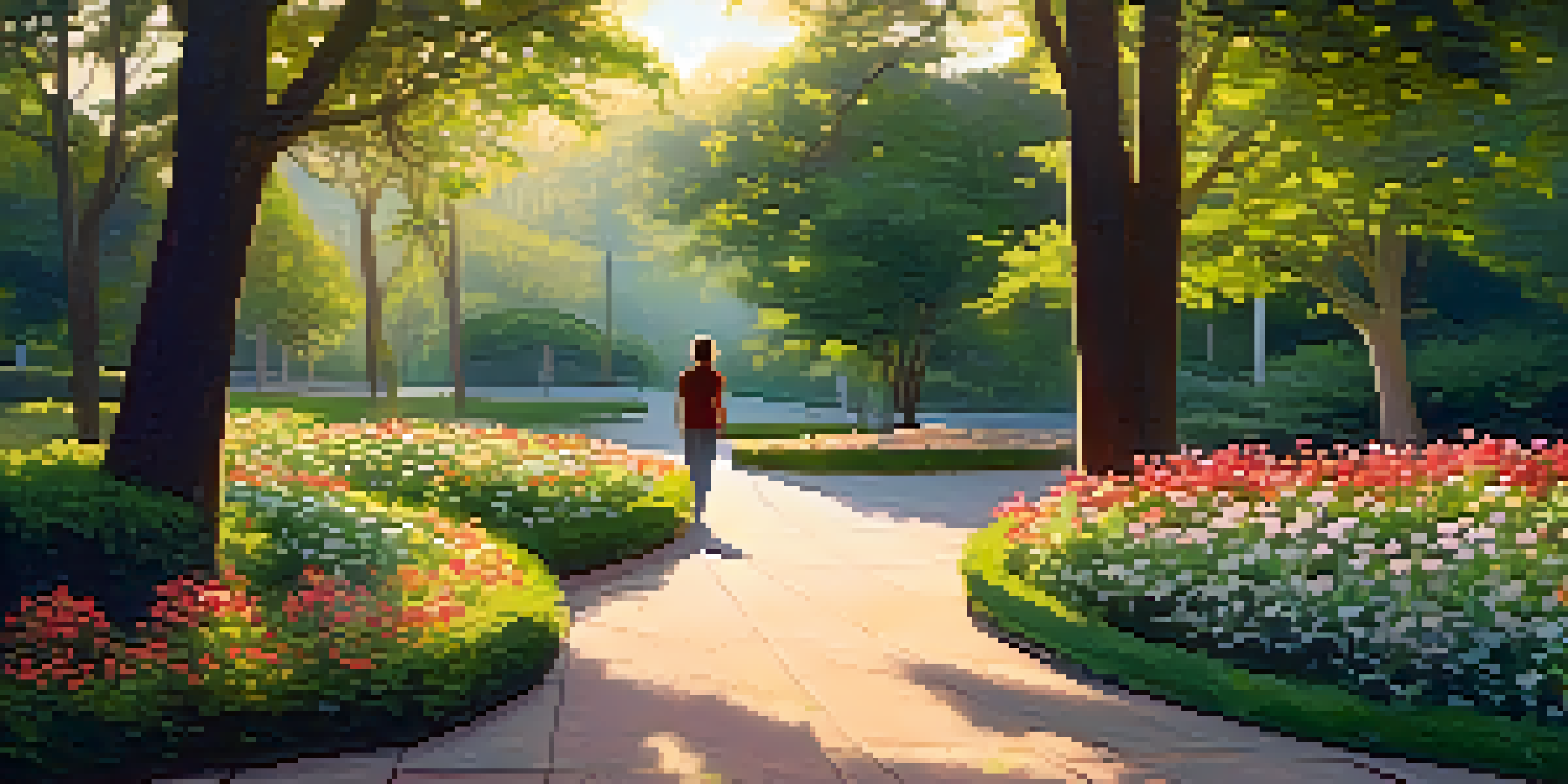A person walking in a park during sunset, surrounded by trees and flowers, with a confident demeanor.