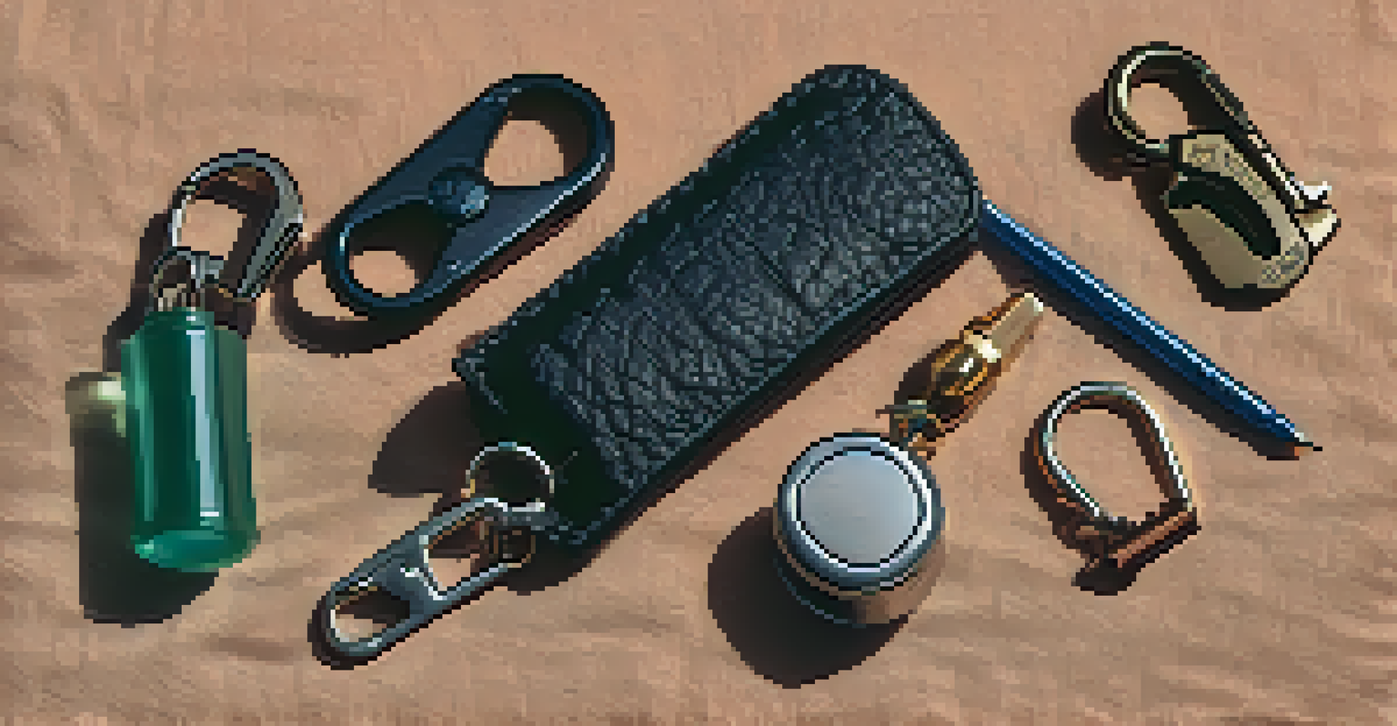 A flat lay of different self-defense keychains including a tactical pen, pepper spray, and personal alarm on a textured fabric background.