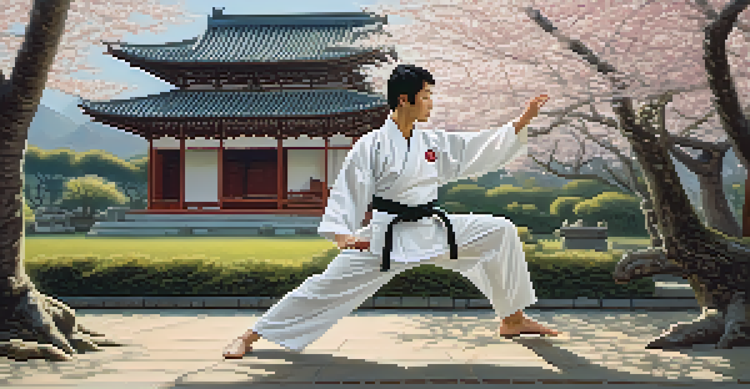 A martial artist performing a kata in a serene garden with ancient architecture and cherry blossom trees.