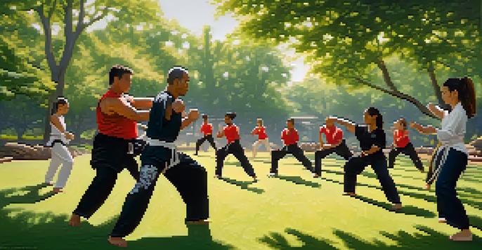 A diverse group of individuals practicing self-defense techniques in a sunny park, surrounded by greenery.