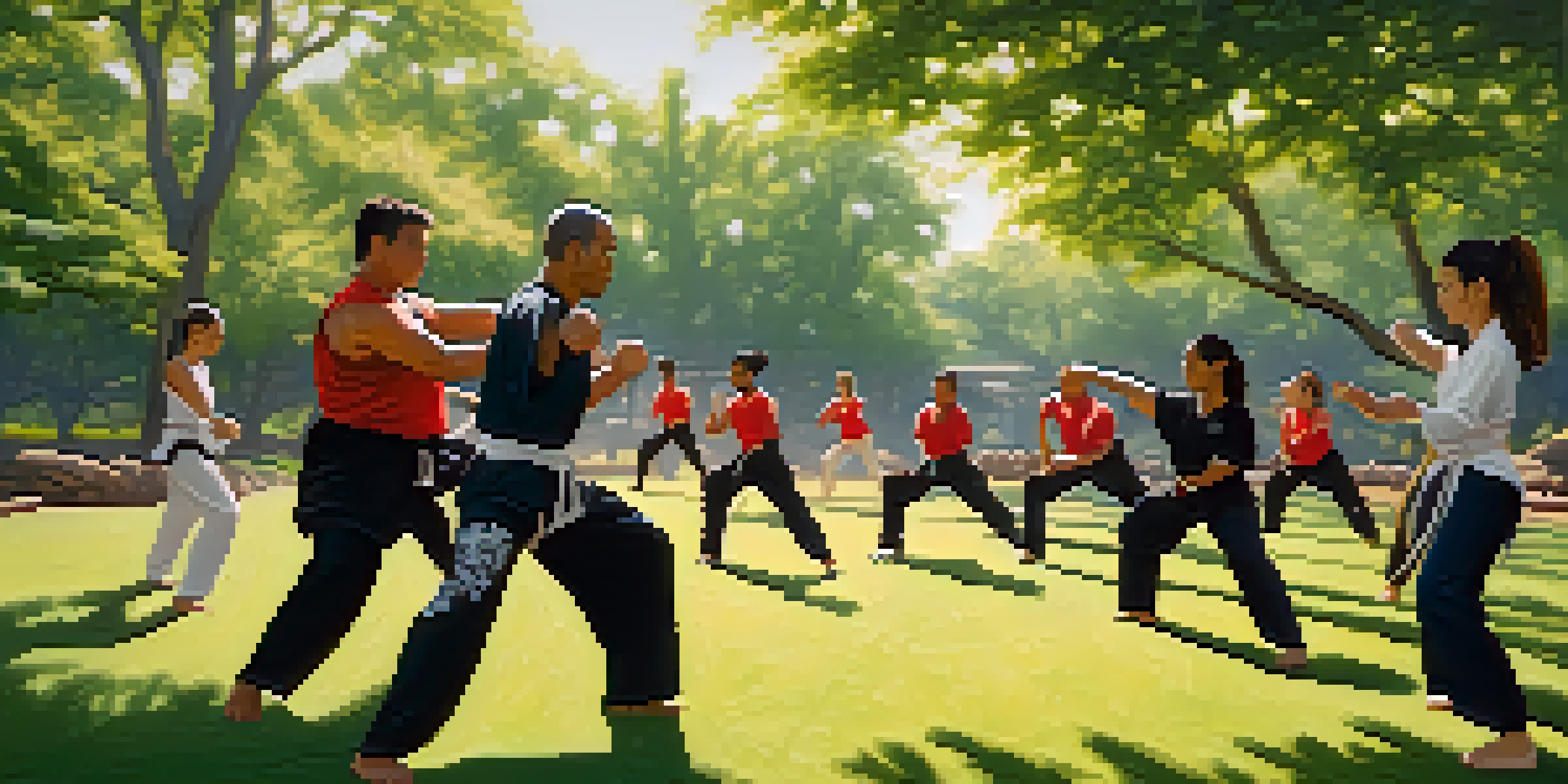 A diverse group of individuals practicing self-defense techniques in a sunny park, surrounded by greenery.