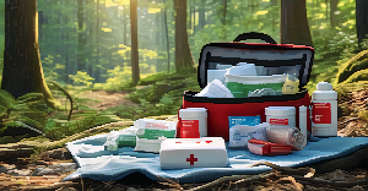 An open first-aid kit on a picnic blanket in a forest, showcasing various medical supplies.