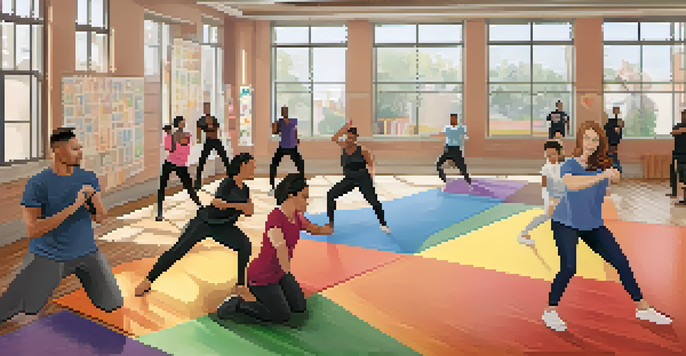 A diverse group of LGBTQ+ individuals practicing self-defense techniques in a bright community center, showcasing a supportive and inclusive atmosphere.