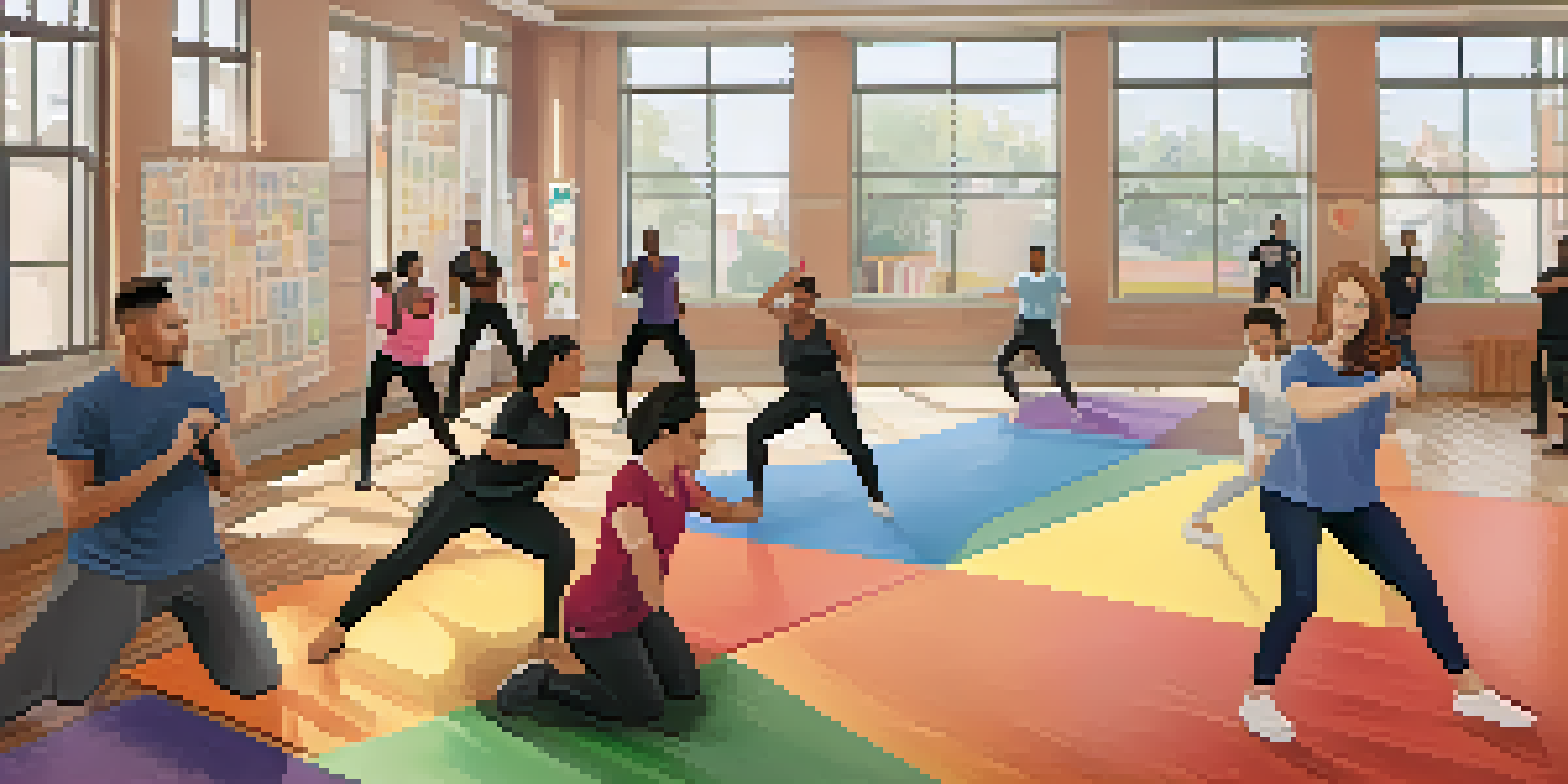 A diverse group of LGBTQ+ individuals practicing self-defense techniques in a bright community center, showcasing a supportive and inclusive atmosphere.