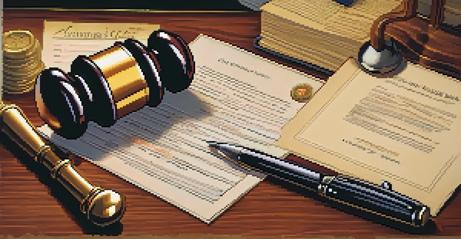 A close-up of a legal document about self-defense with a gavel and scales of justice on a desk, surrounded by notes.