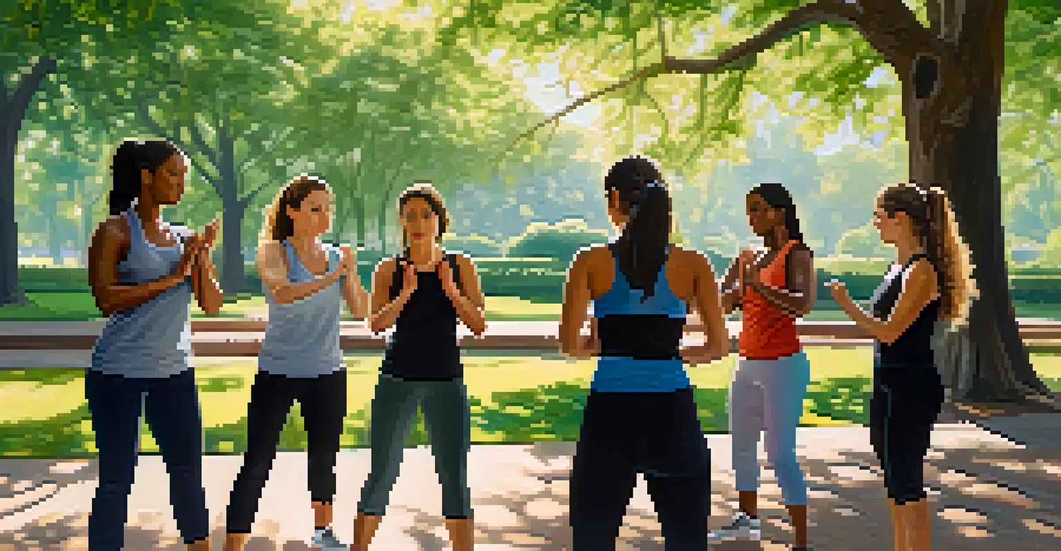 A group of women practicing self-defense techniques outdoors in a park, focusing on situational awareness.
