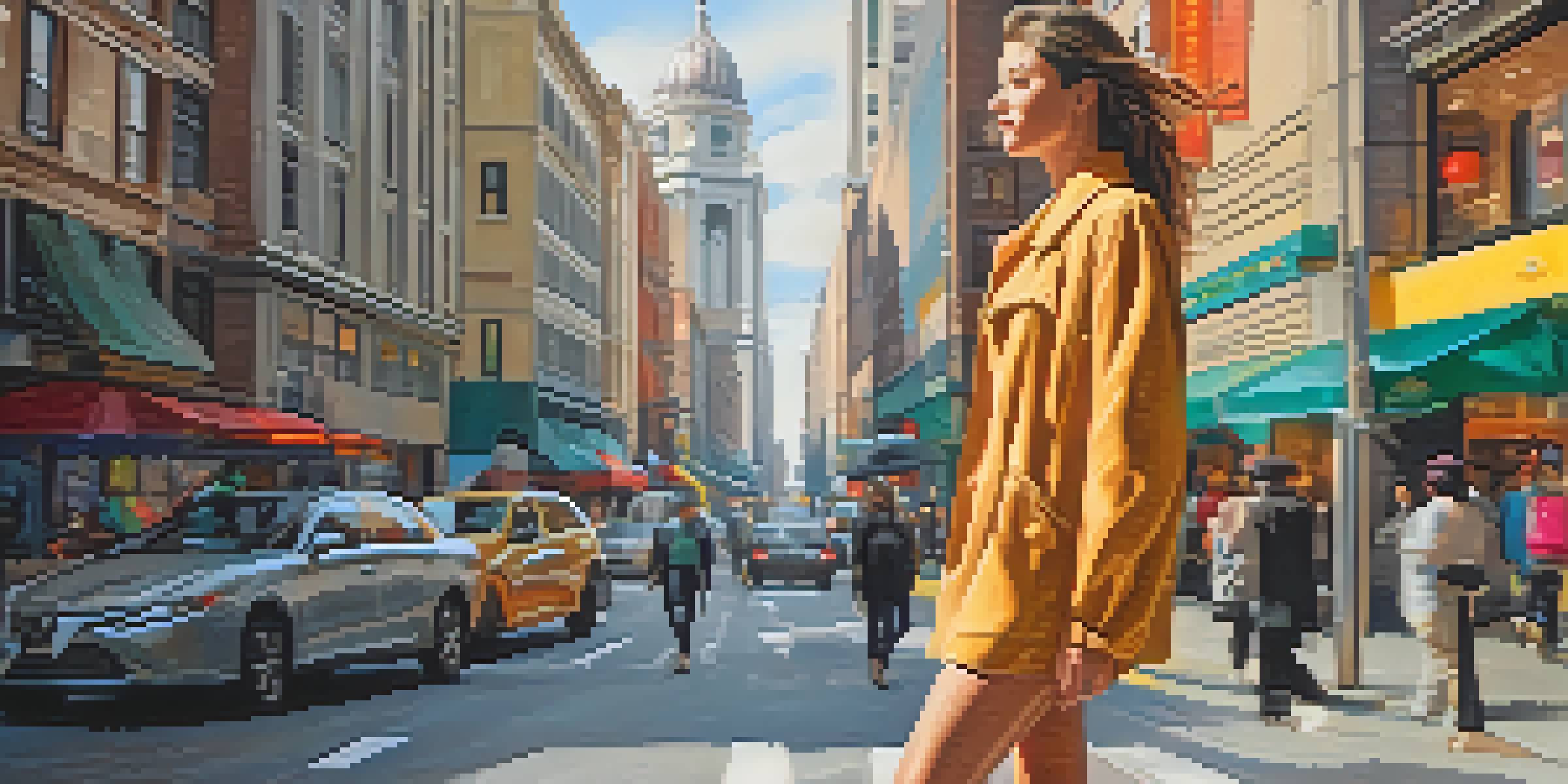 A woman walking confidently in a busy city, showcasing awareness and strength with a purposeful stride amidst blurred pedestrians.