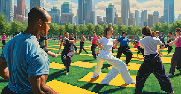 A diverse group of individuals practicing self defense techniques in a sunny urban park with city skyscrapers in the background.