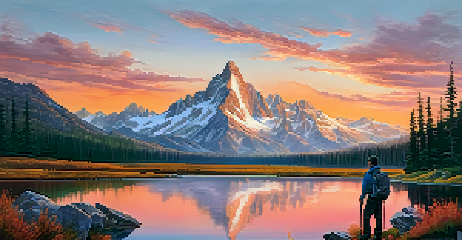 A stunning mountain landscape at sunrise, with a lake reflecting the vibrant colors and a hiker admiring the view.