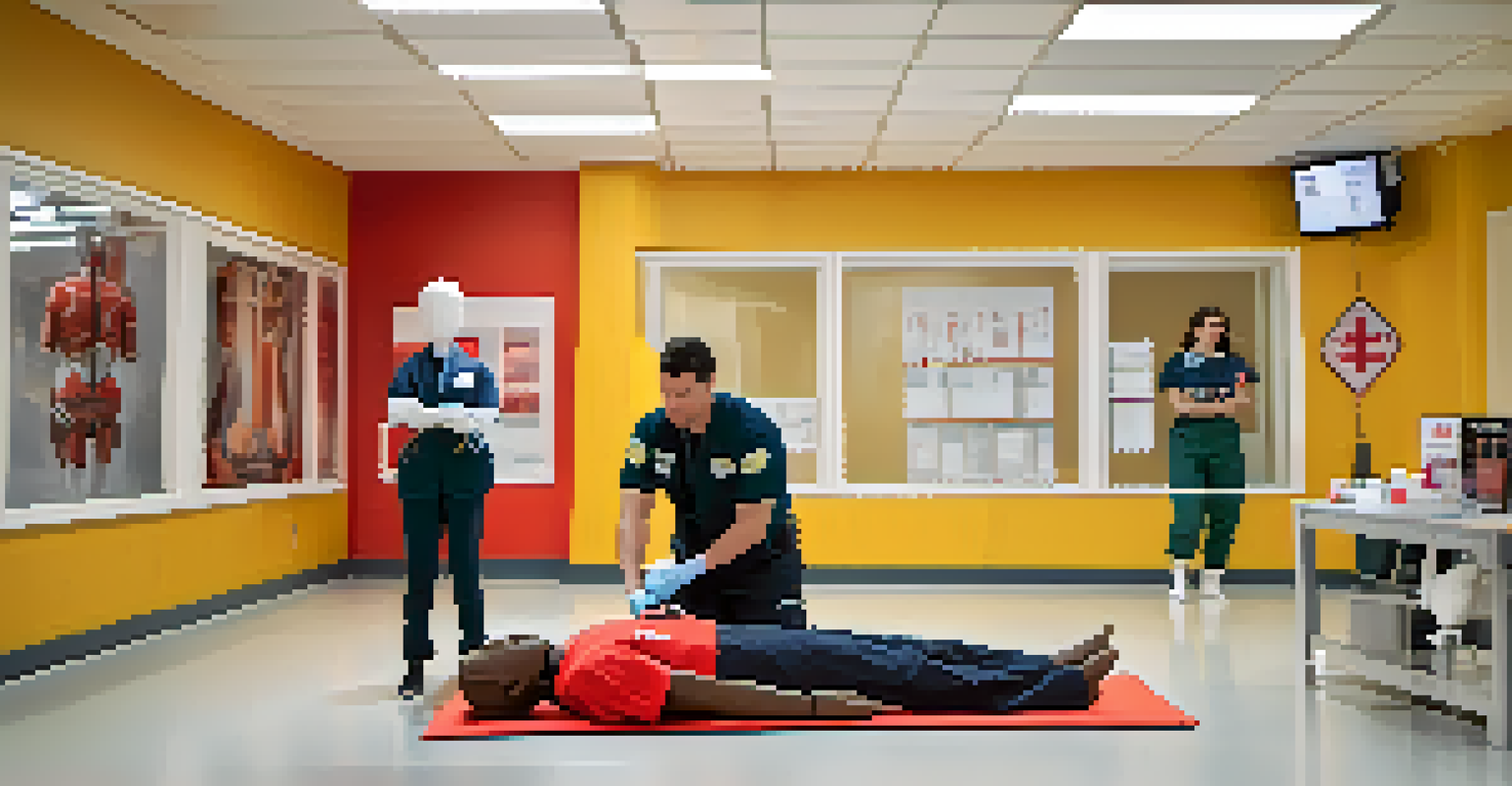 A person practicing CPR on a mannequin in a bright training room, with a trainer giving instructions and medical posters on the walls.