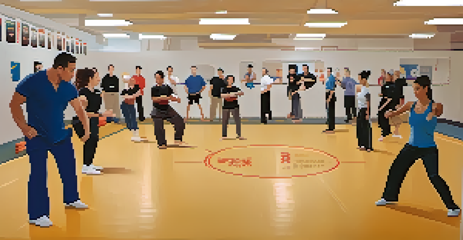 A diverse group practicing self-defense techniques in a bright gym, guided by an encouraging instructor demonstrating a palm strike.