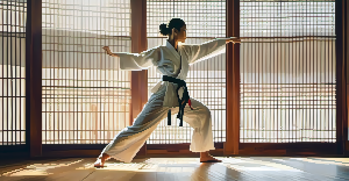 A female martial artist performing a high kick in a sunlit dojo, showcasing determination and skill.