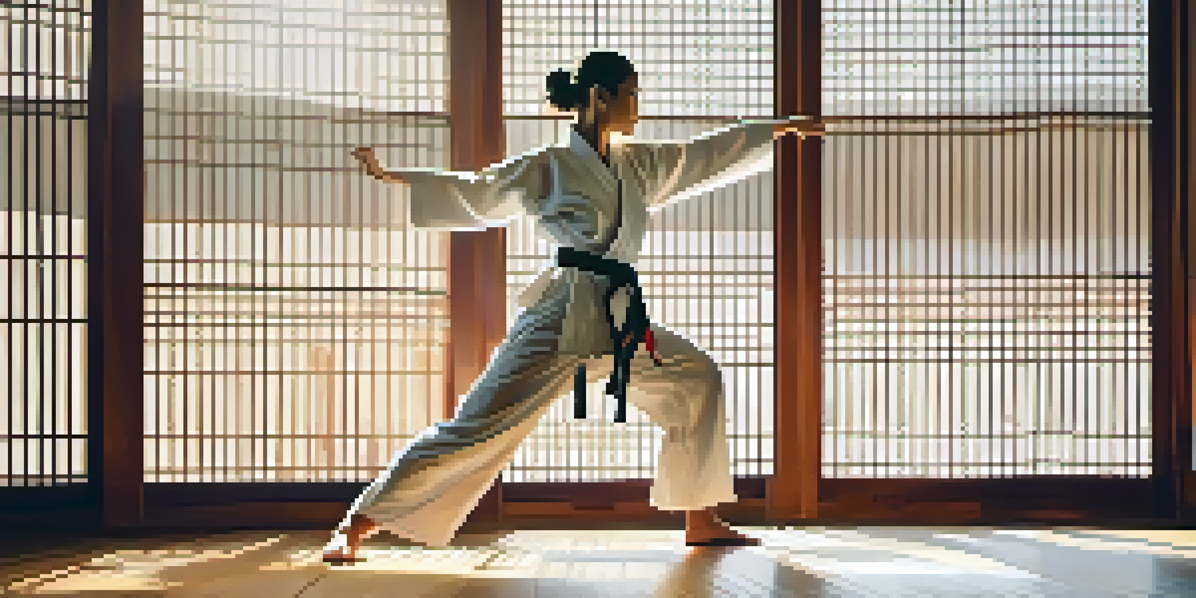 A female martial artist performing a high kick in a sunlit dojo, showcasing determination and skill.