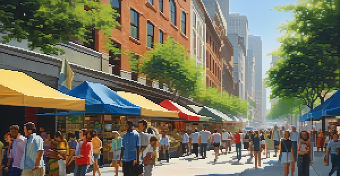 A busy city street filled with people walking and street vendors, with tall buildings and trees in the background, capturing a sense of urban life.