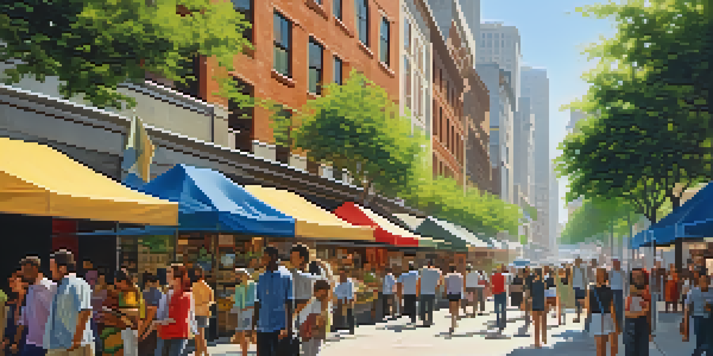 A busy city street filled with people walking and street vendors, with tall buildings and trees in the background, capturing a sense of urban life.