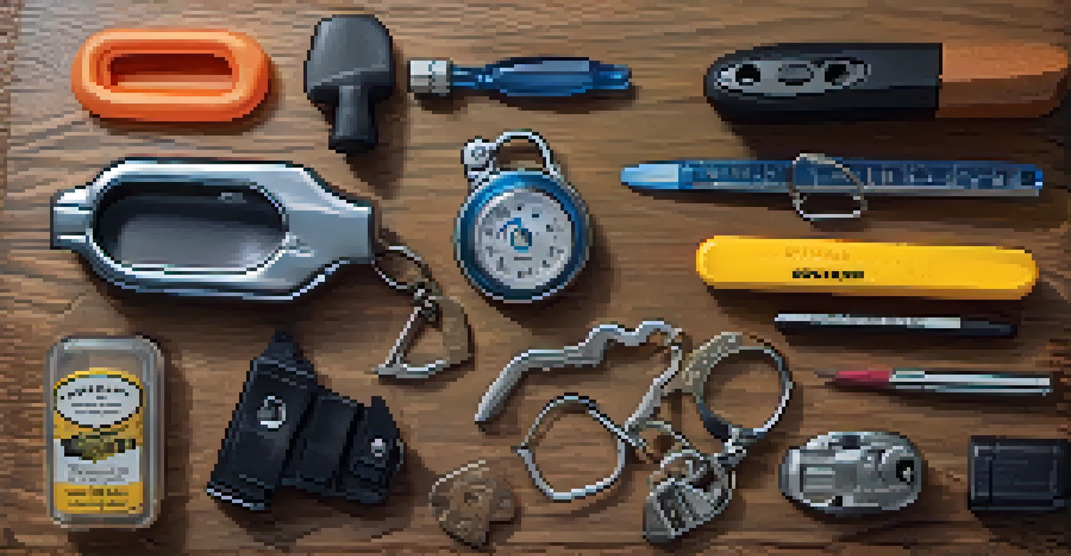 A variety of personal safety tools on a wooden table, including a personal alarm, self-defense keychain, and stun gun, highlighted by soft lighting.