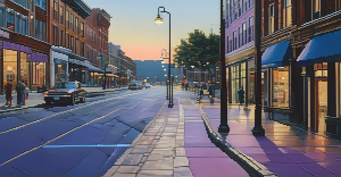 A person walking confidently on a city street at dusk, surrounded by warm street lamp light and colorful storefronts.