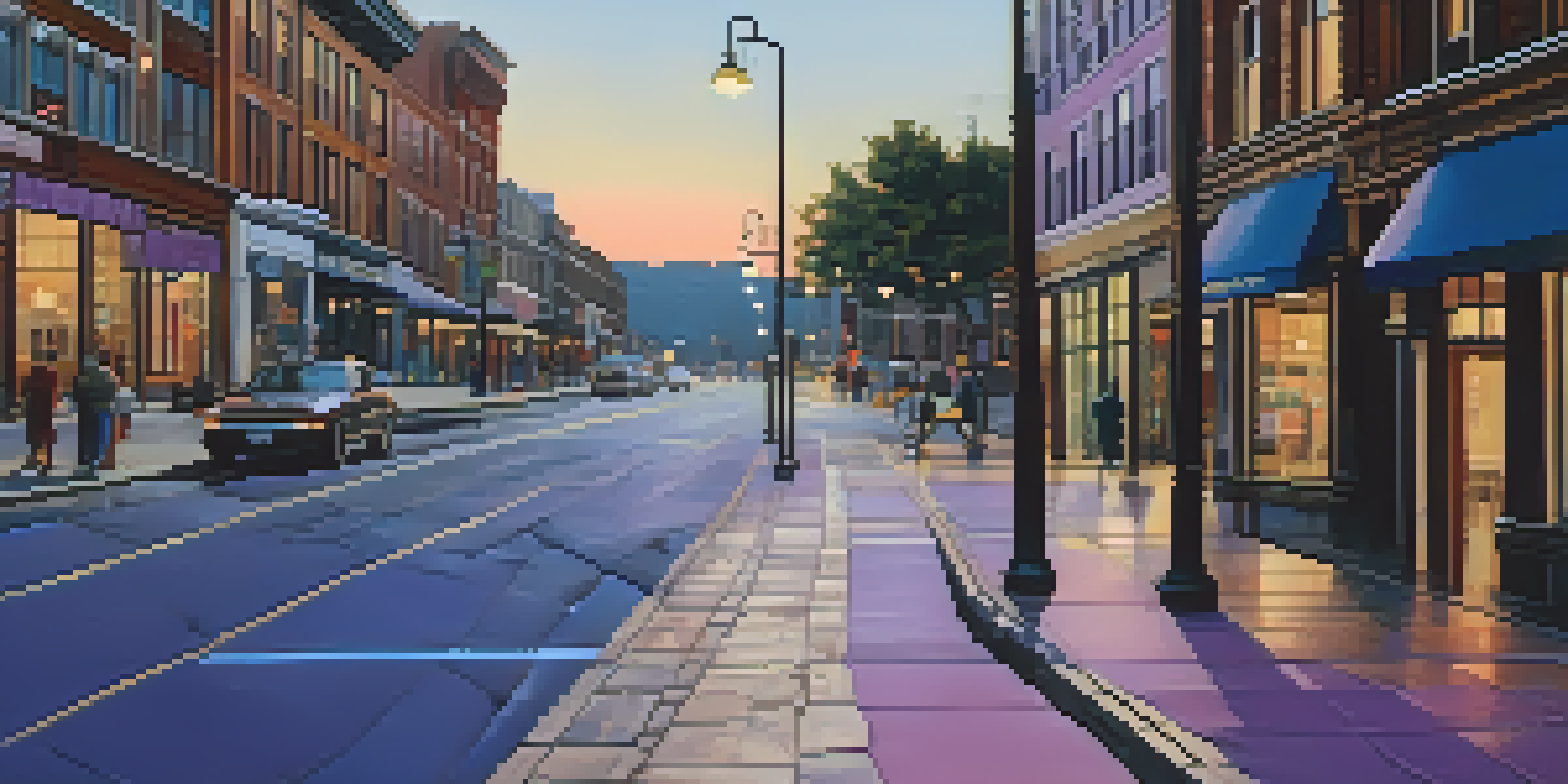 A person walking confidently on a city street at dusk, surrounded by warm street lamp light and colorful storefronts.