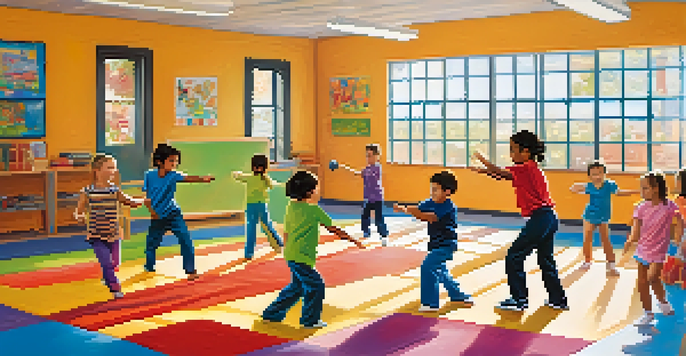 A lively classroom with children practicing self-defense techniques under the guidance of an instructor, surrounded by educational materials and bright sunlight.
