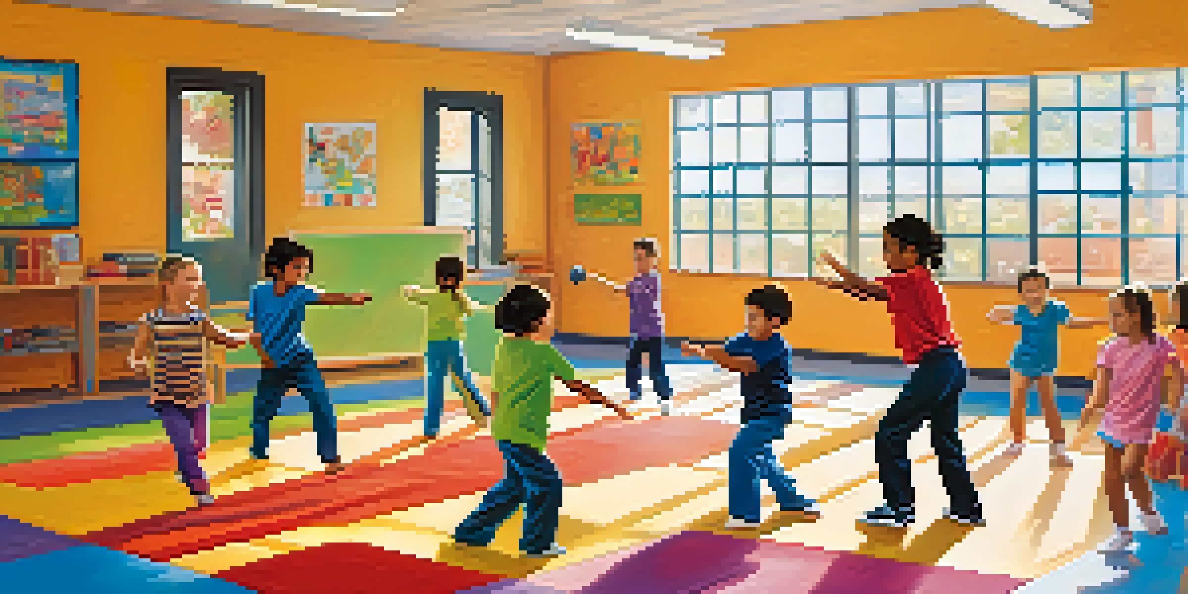 A lively classroom with children practicing self-defense techniques under the guidance of an instructor, surrounded by educational materials and bright sunlight.