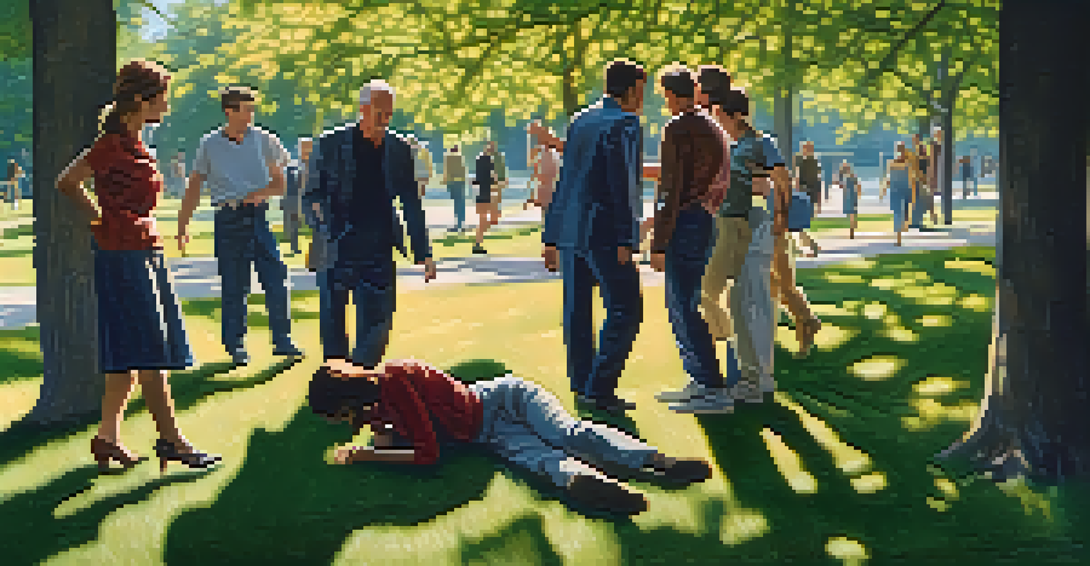 A group of people in a park, with one person helping another while others look on with concerned expressions, under a sunny sky.