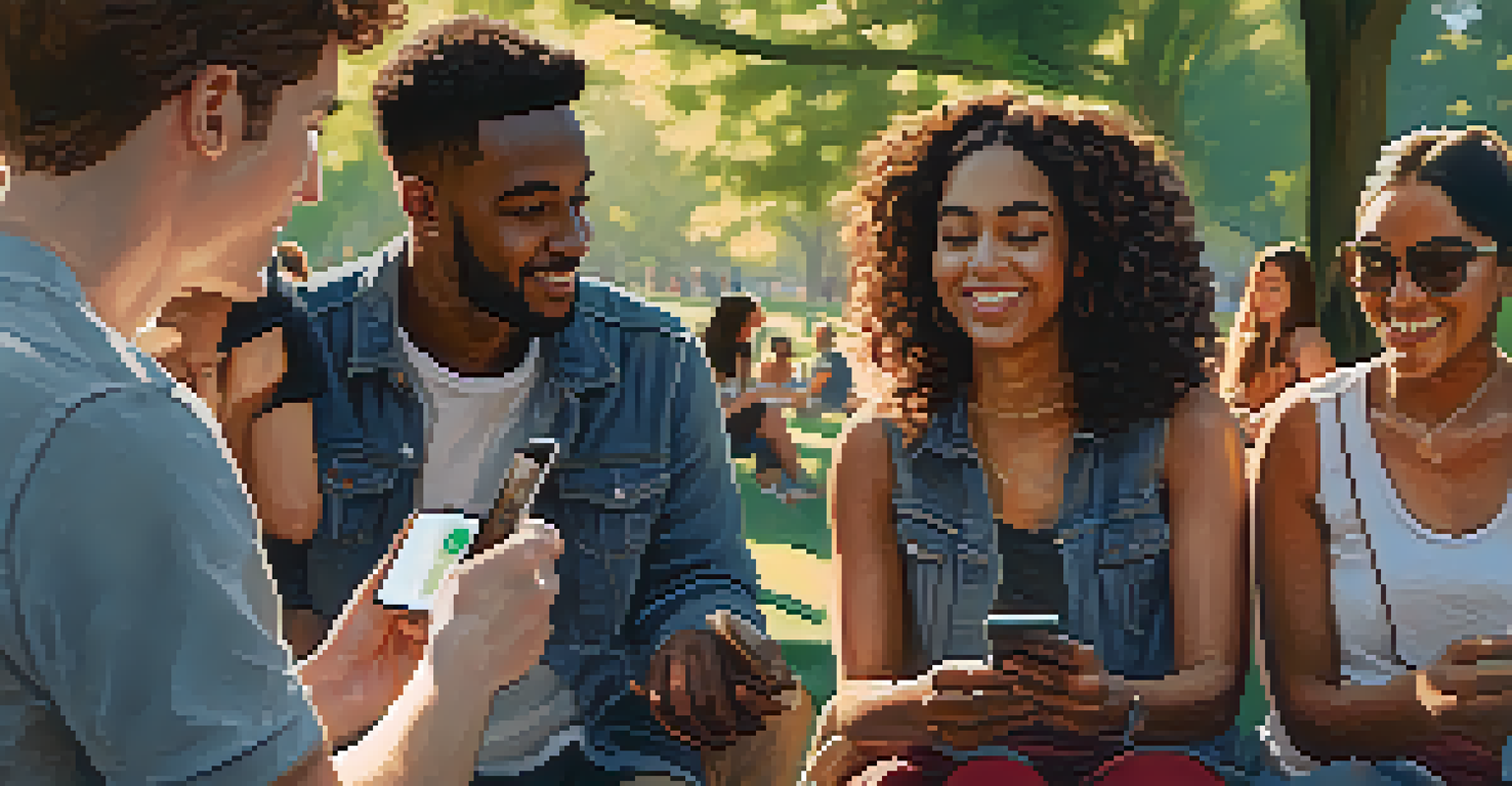 A group of friends in a park discussing a personal safety app while one friend shows the app on their smartphone.