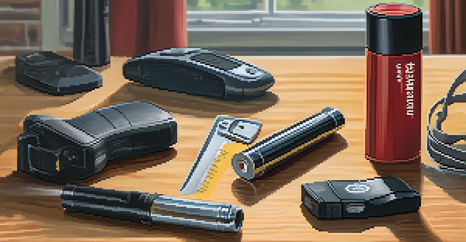 A wooden table displaying self defense tools like pepper spray and a tactical flashlight in a well-lit home interior.
