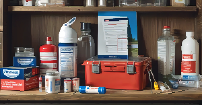 A family emergency kit with water, food, flashlights, and a first aid kit on a table, surrounded by a family photo and a checklist.