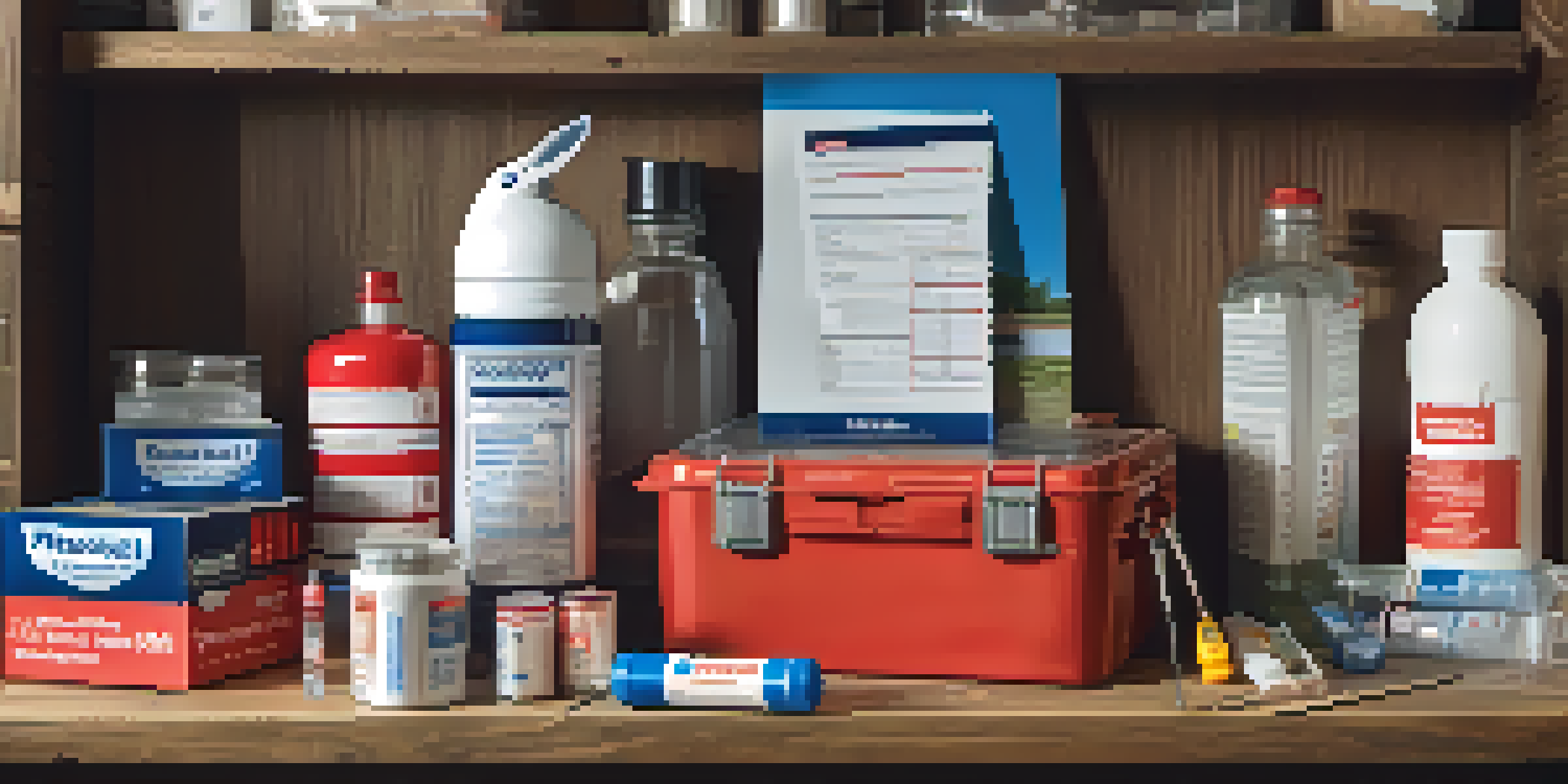 A family emergency kit with water, food, flashlights, and a first aid kit on a table, surrounded by a family photo and a checklist.
