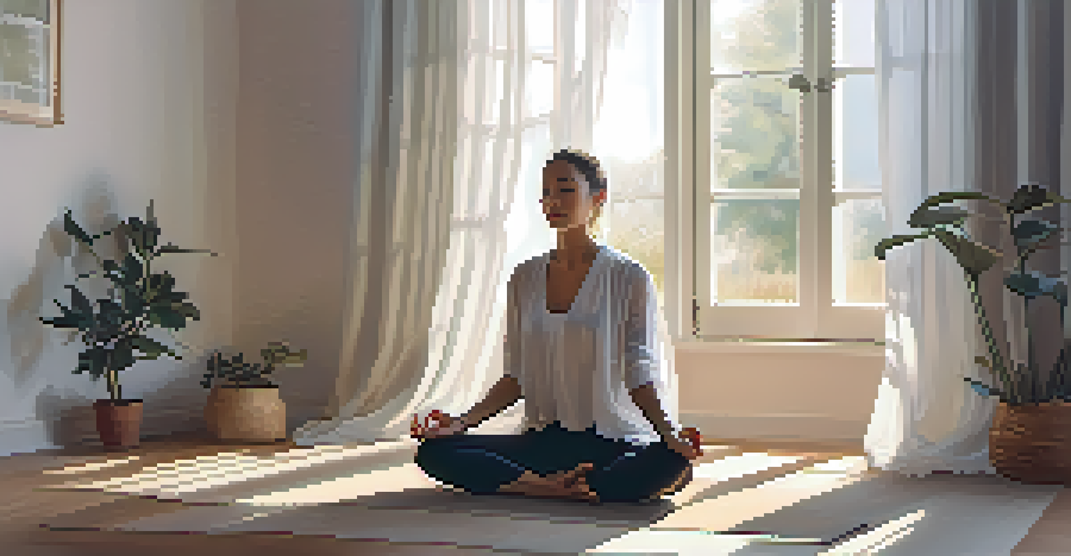 A person practicing mindfulness in a quiet, softly lit room, sitting cross-legged on a yoga mat.
