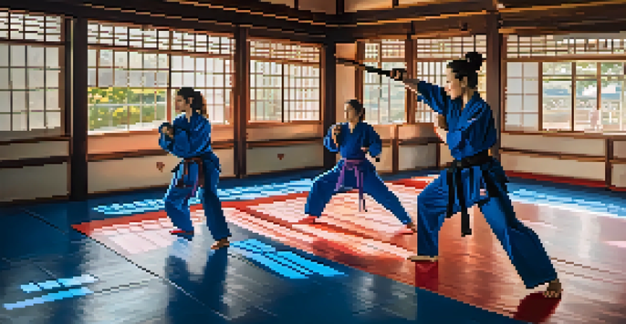 A group of women practicing self-defense in a brightly lit dojo, demonstrating various martial arts poses.